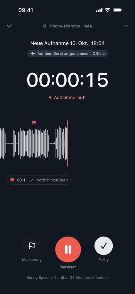 Aufnahmebildschirm: Timer bei 00:00:16, Live-Wellenform, eine Markierung bei 00:11 und Tasten zum Markieren, Pausieren und Beenden