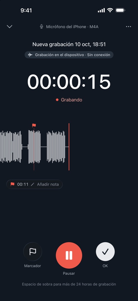 Pantalla de grabación: cronómetro en 00:00:16, forma de onda en tiempo real, un marcador en 00:11 y botones para añadir un marcador, pausar y terminar