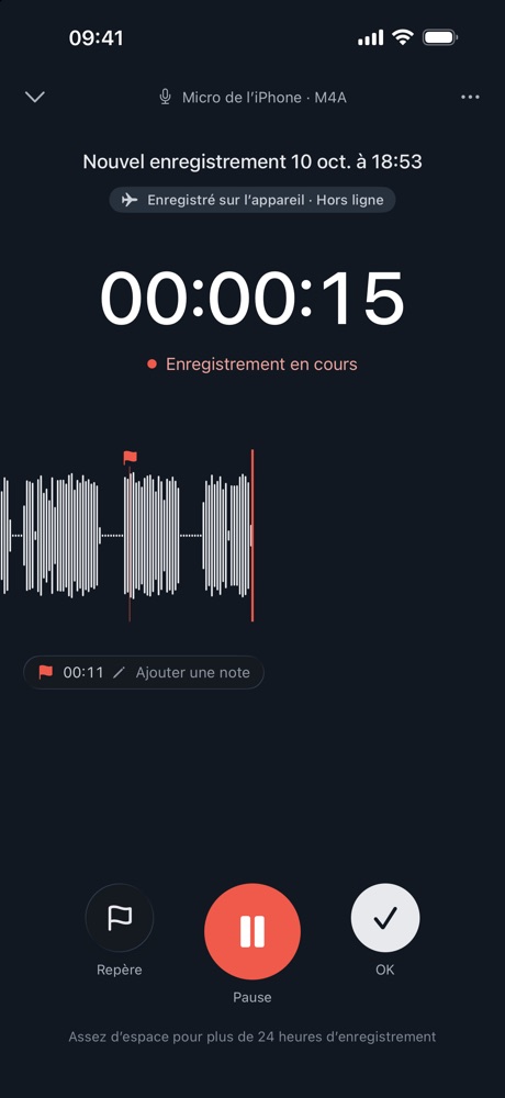 Écran d’enregistrement : chronomètre à 00:00:16, forme d’onde en direct, un repère à 00:11, et des boutons pour ajouter un repère, mettre en pause et terminer
