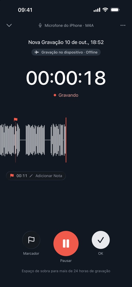 Tela de gravação: cronômetro em 00:00:16, forma de onda ao vivo, um marcador em 00:11 e botões para adicionar marcador, pausar e concluir